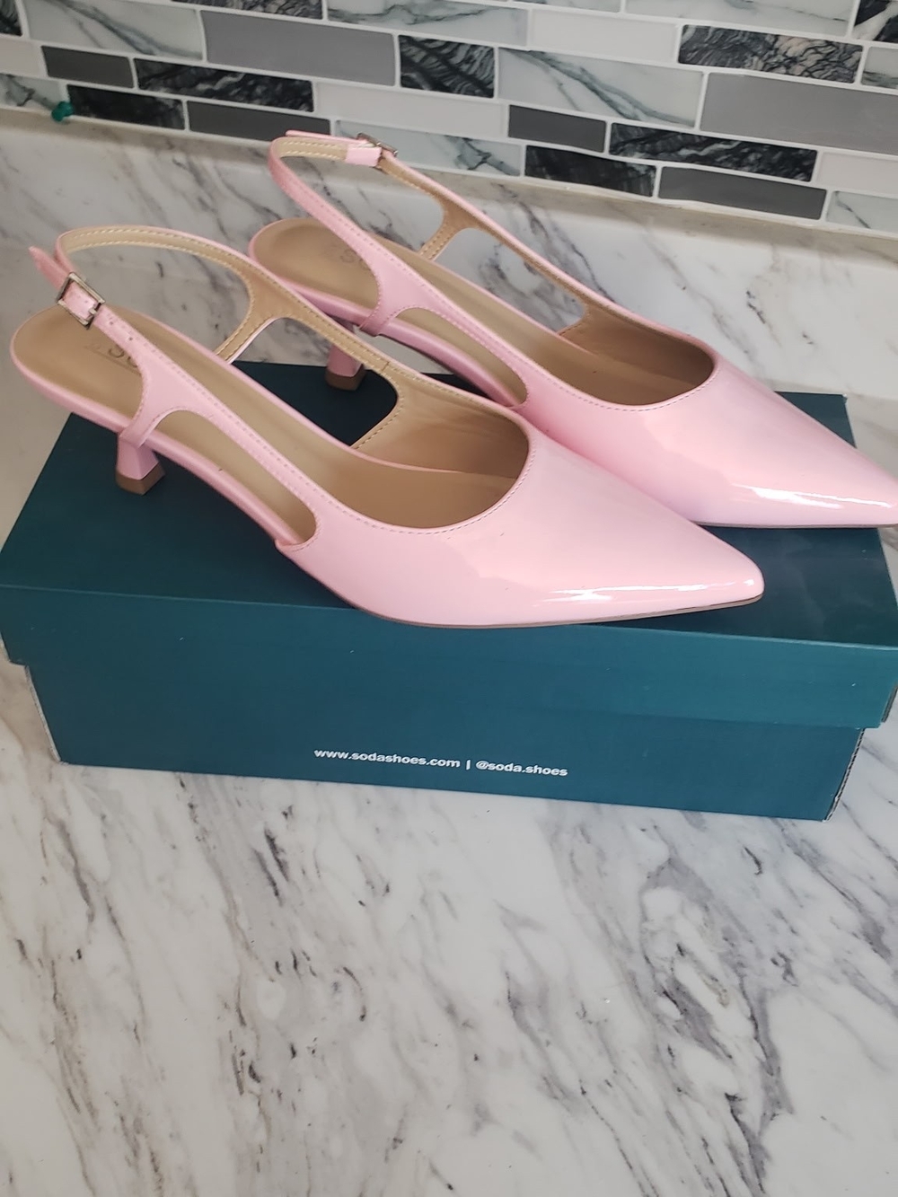 Soda Blush Patent Pointed Slingback Kitten Heels